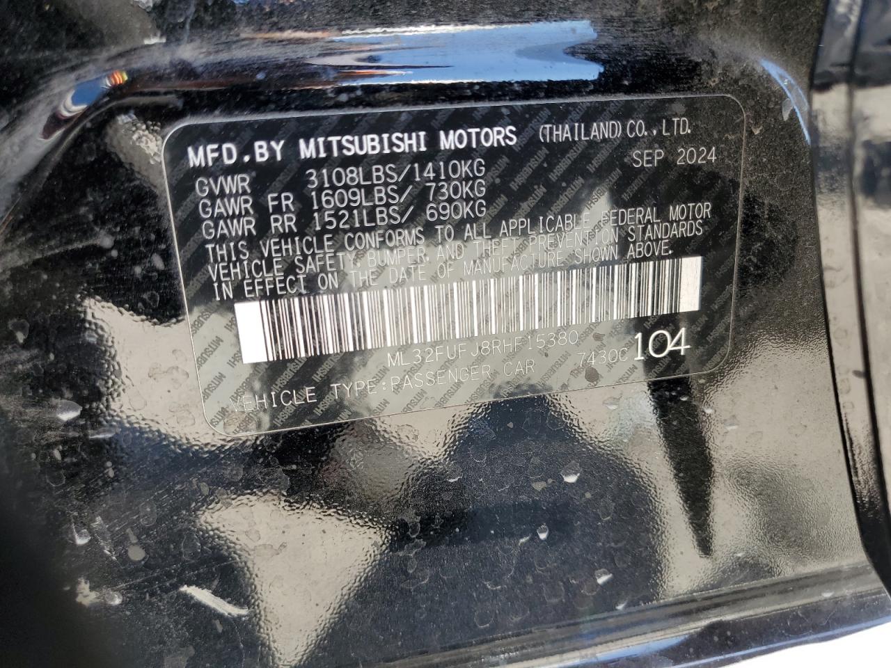 2024 Mitsubishi Mirage G4 Es VIN: ML32FUFJ8RHF15380 Lot: 63981595