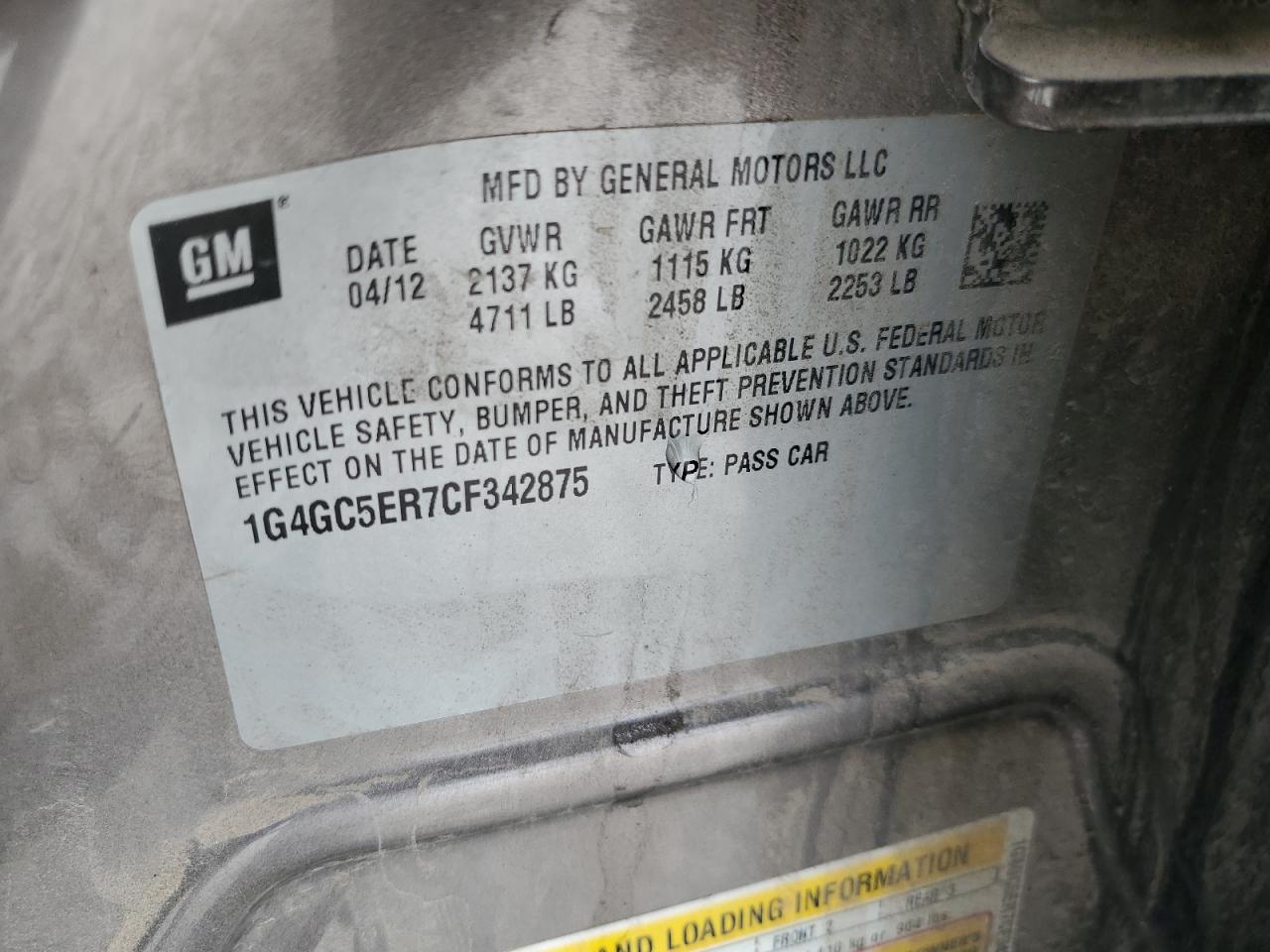 2012 Buick Lacrosse VIN: 1G4GC5ER7CF342875 Lot: 66623605