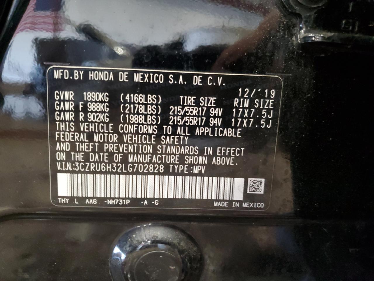 2020 Hond Hr-V Lx Awd W/Contin VIN: 3CZRU6H32LG702828 Lot: 64317845