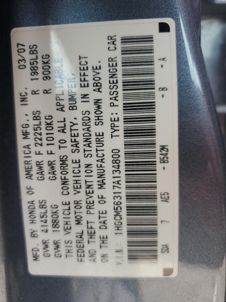 2007 Honda Accord Se VIN: 1HGCM56317A134800 Lot: 64574095