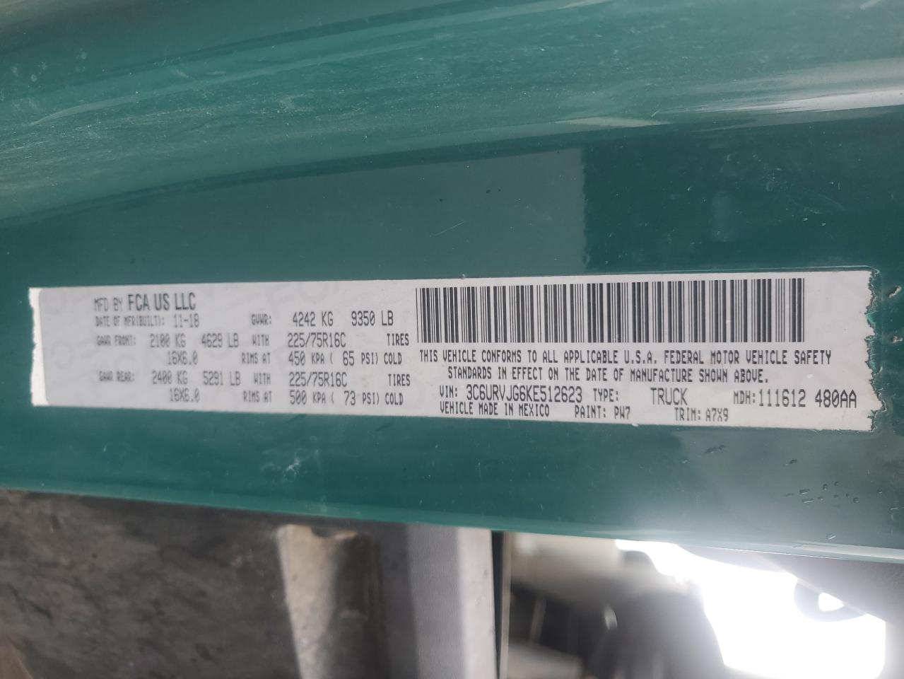 2019 Ram Promaster 3500 3500 High VIN: 3C6URVJG6KE512623 Lot: 63284845