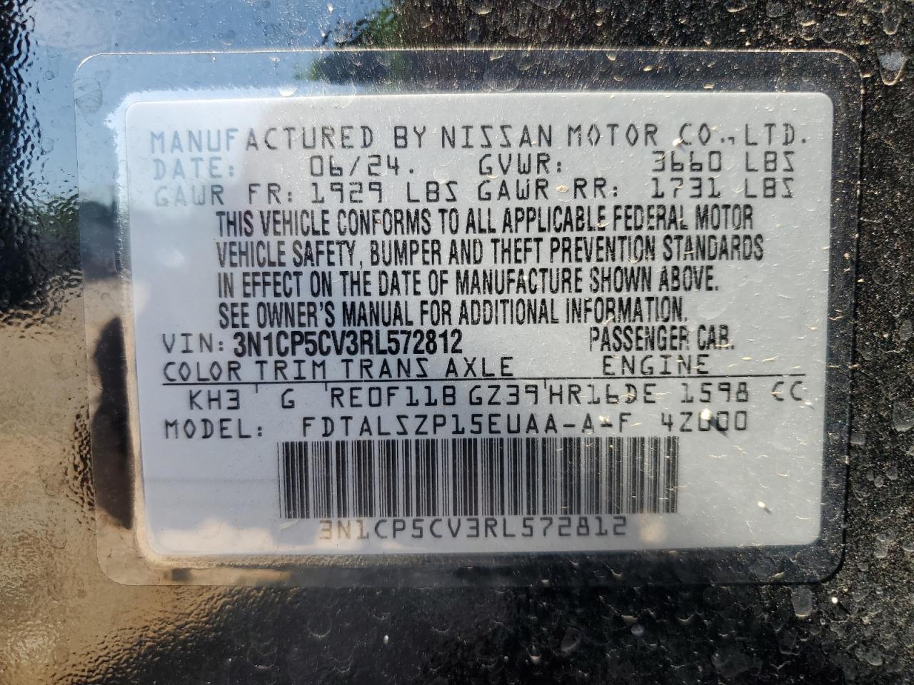 2024 Nissan Kicks Sv VIN: 3N1CP5CV3RL572812 Lot: 63570345