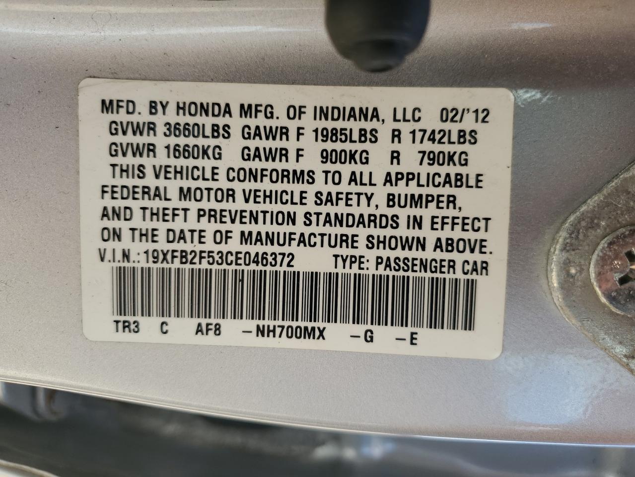 2012 Honda Civic Lx VIN: 19XFB2F53CE046372 Lot: 63423995