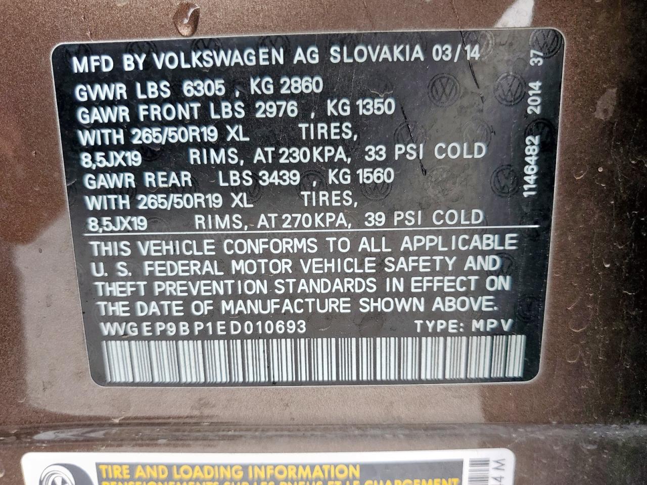 2014 Volkswagen Touareg V6 Tdi VIN: WVGEP9BP1ED010693 Lot: 62530025