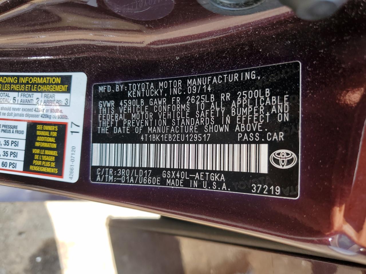 2014 Toyota Avalon Base VIN: 4T1BK1EB2EU129517 Lot: 64351655