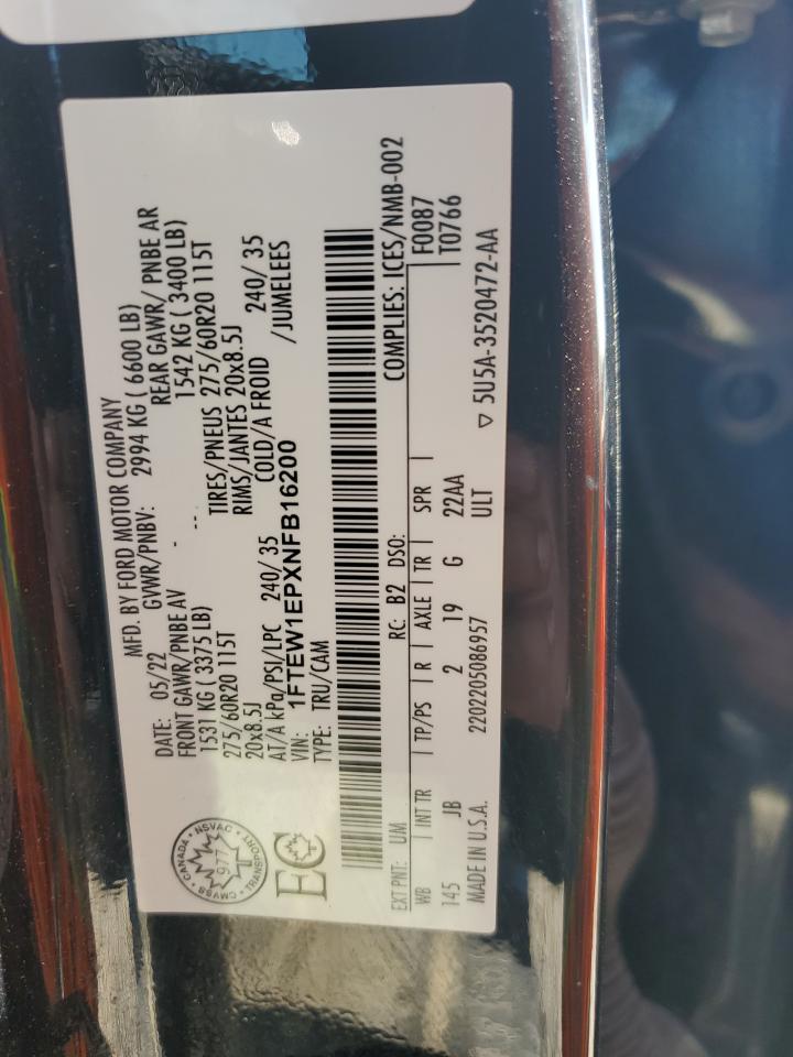 2022 Ford F150 Supercrew VIN: 1FTEW1EPXNFB16200 Lot: 65010395