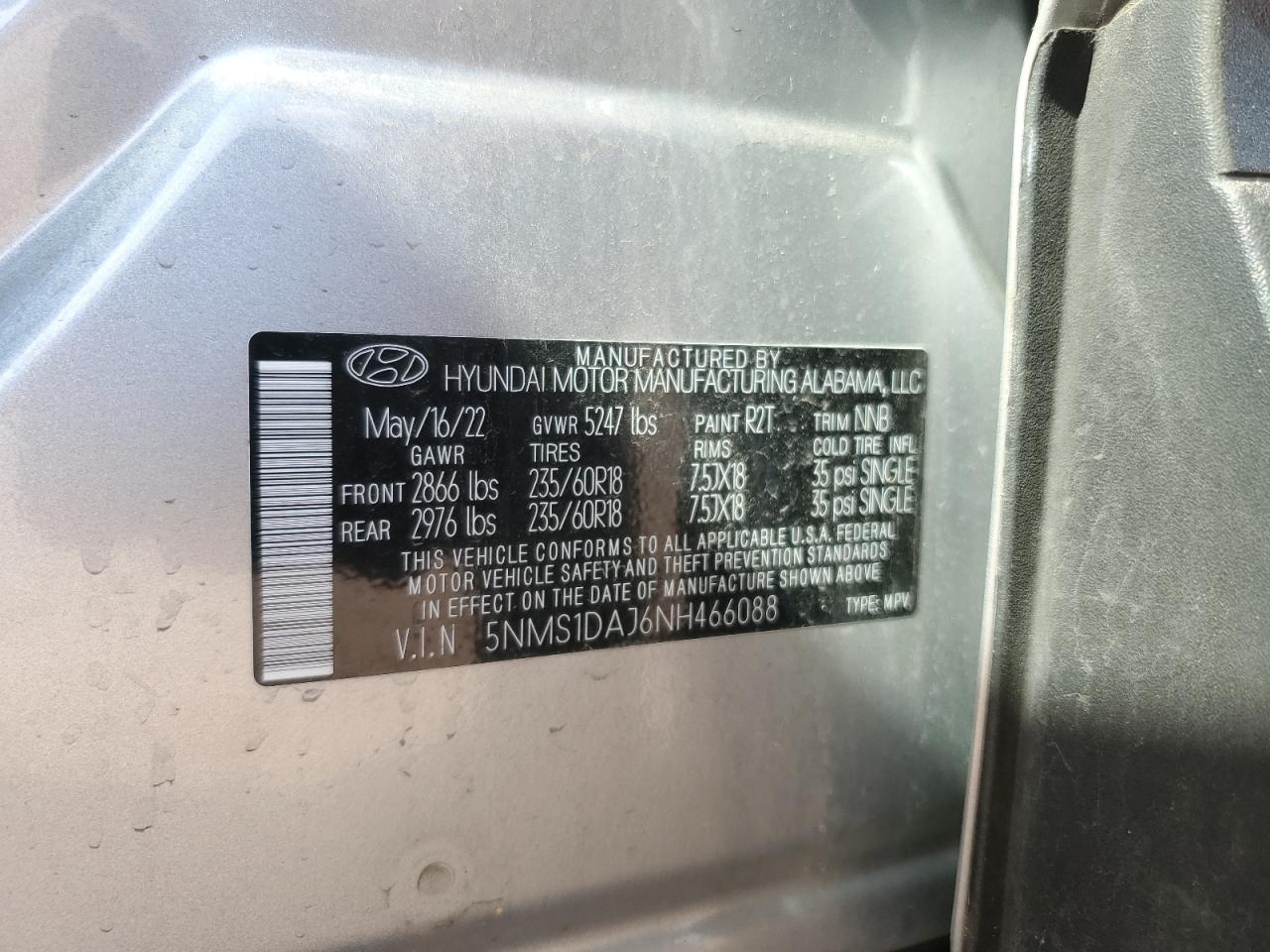 2022 Hyundai Santa Fe Se VIN: 5NMS1DAJ6NH466088 Lot: 63104565