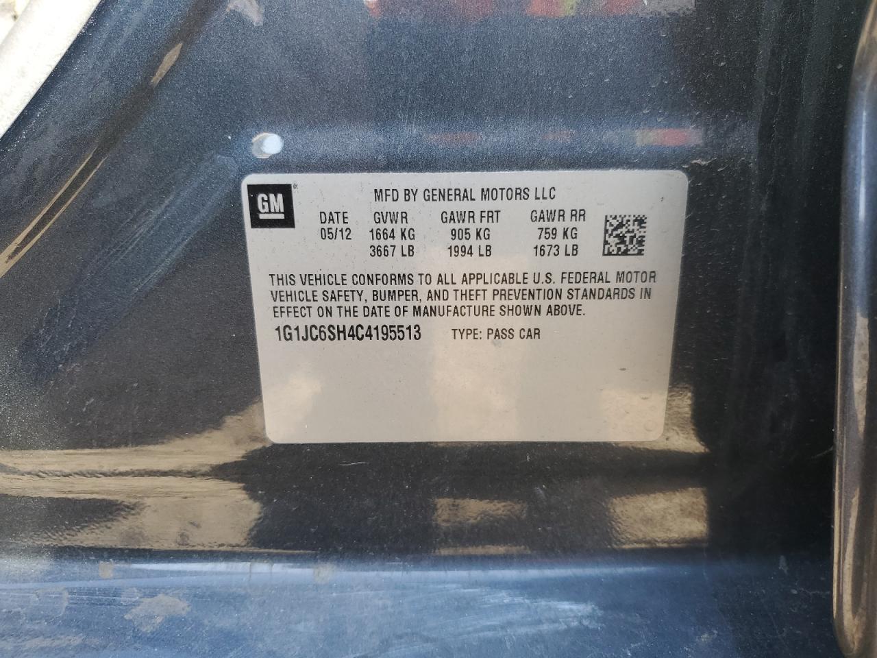 2012 Chevrolet Sonic Lt VIN: 1G1JC6SH4C4195513 Lot: 64330285