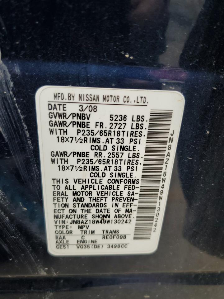 2009 Nissan Murano S VIN: JN8AZ18W49W130242 Lot: 65162595