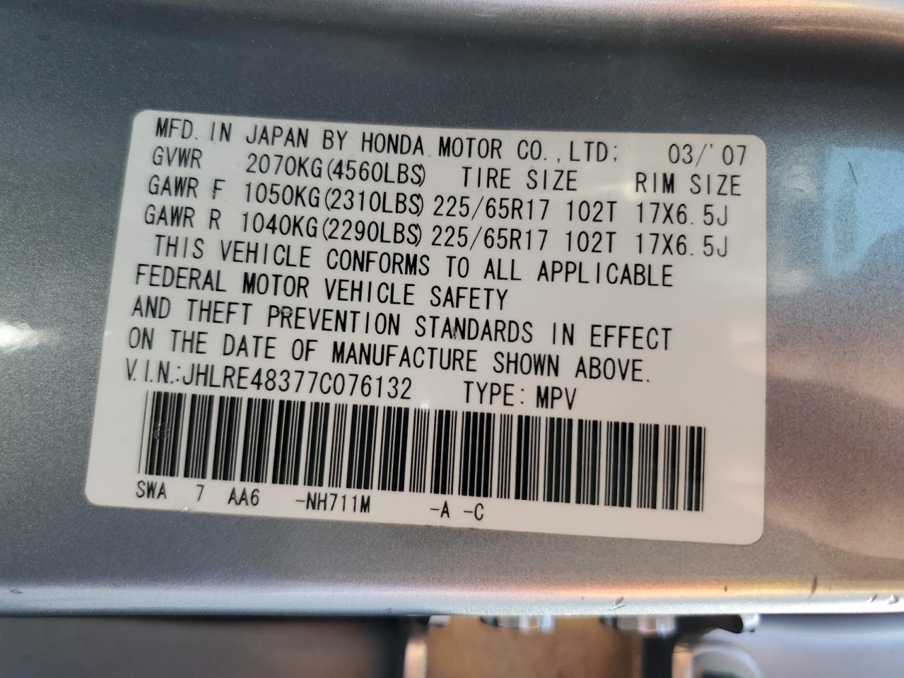 2007 Honda Cr-V Lx VIN: JHLRE48377C076132 Lot: 66914565