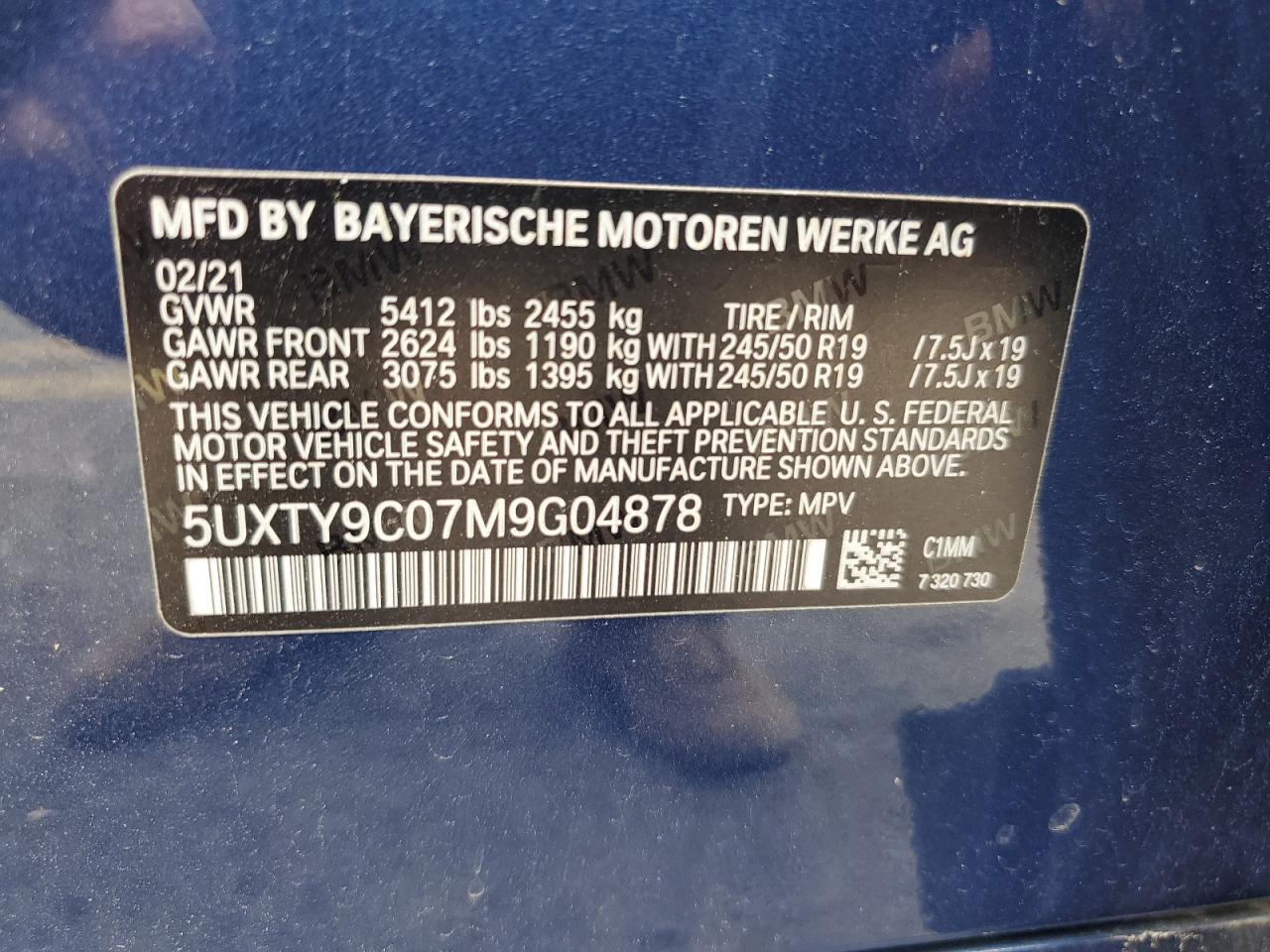 2021 BMW X3 xDrivem40I VIN: 5UXTY9C07M9G04878 Lot: 64231485