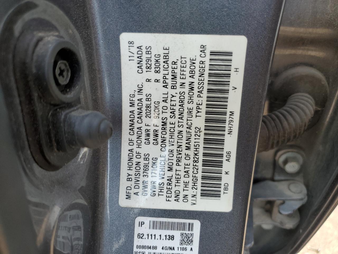 2019 Honda Civic Sport VIN: 2HGFC2F82KH511252 Lot: 63875135