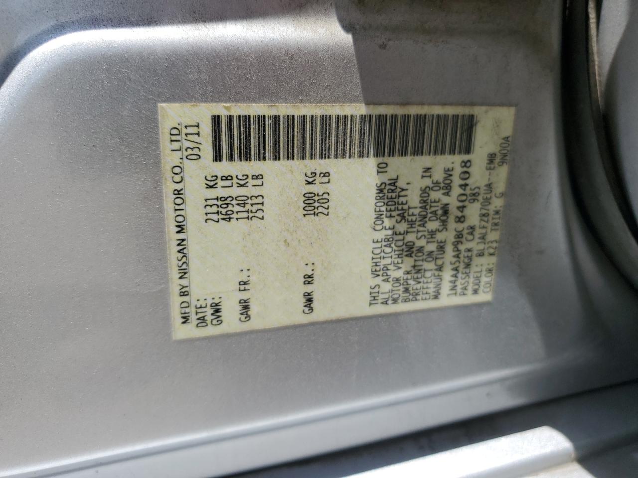 2011 Nissan Maxima S VIN: 1N4AA5AP9BC840408 Lot: 64614865
