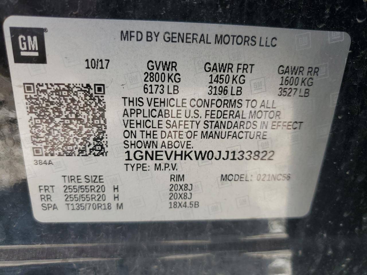 2018 Chevrolet Traverse Lt VIN: 1GNEVHKW0JJ133822 Lot: 64166185