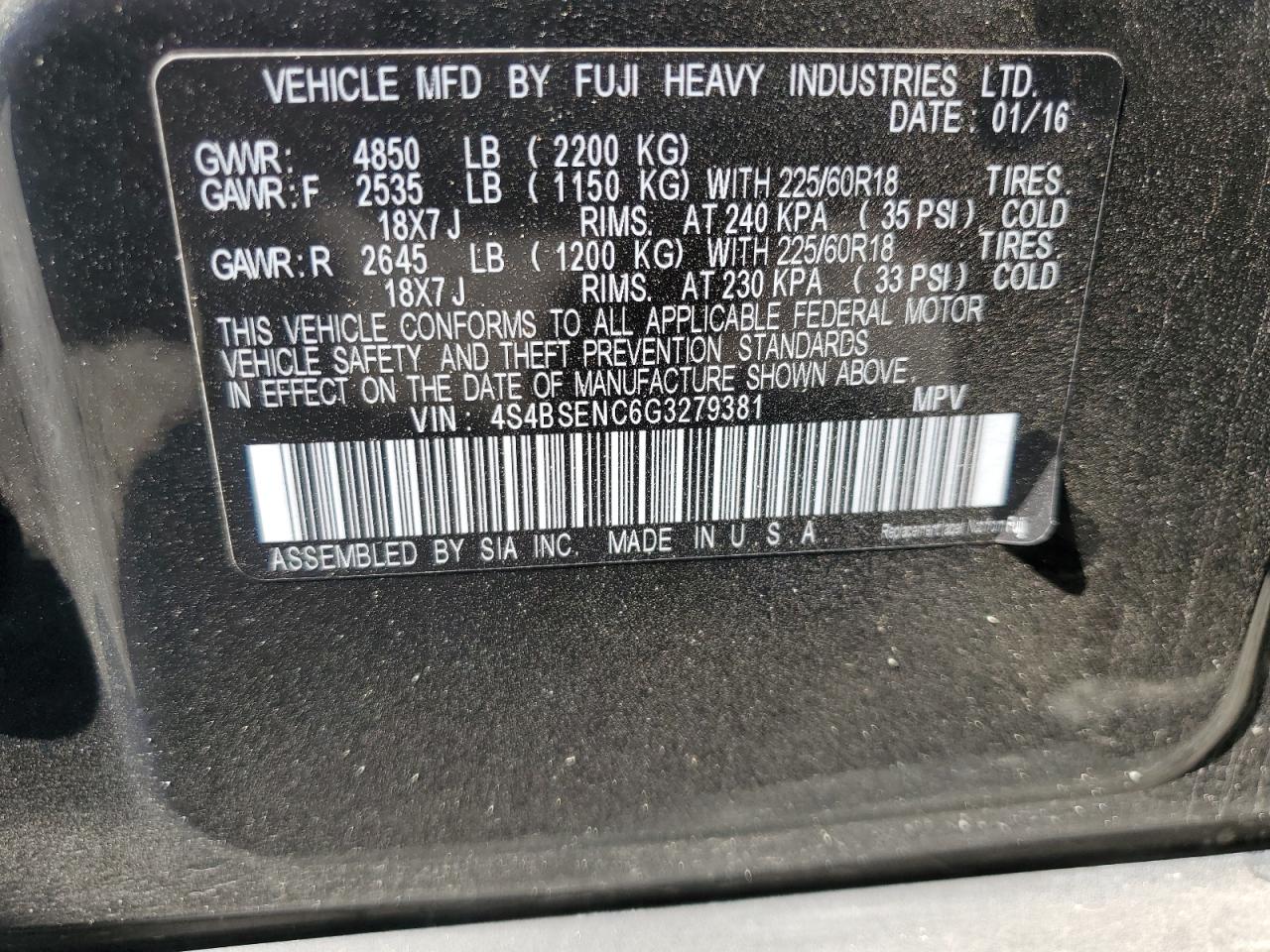 2016 Subaru Outback 3.6R Limited VIN: 4S4BSENC6G3279381 Lot: 63988595