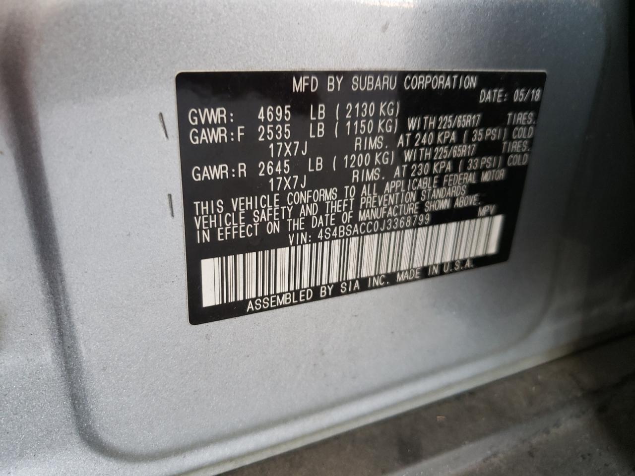 2018 Subaru Outback 2.5I Premium VIN: 4S4BSACC0J3368799 Lot: 64051275