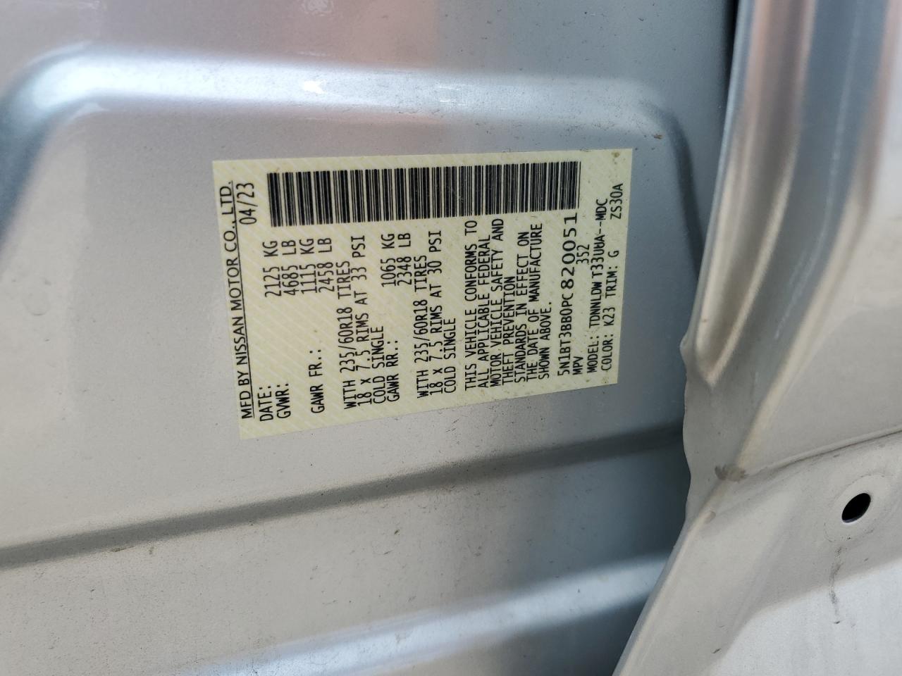 2023 Nissan Rogue Sv VIN: 5N1BT3BB0PC820051 Lot: 65013255