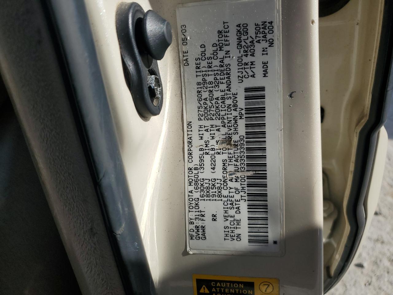 2003 Lexus Lx 470 VIN: JTJHT00W333533930 Lot: 63455825