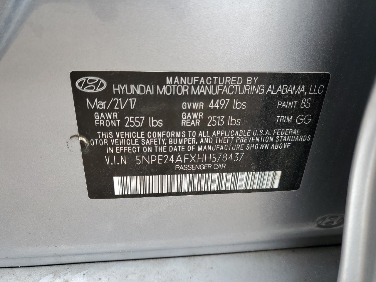 2017 Hyundai Sonata Se VIN: 5NPE24AFXHH578437 Lot: 65169215