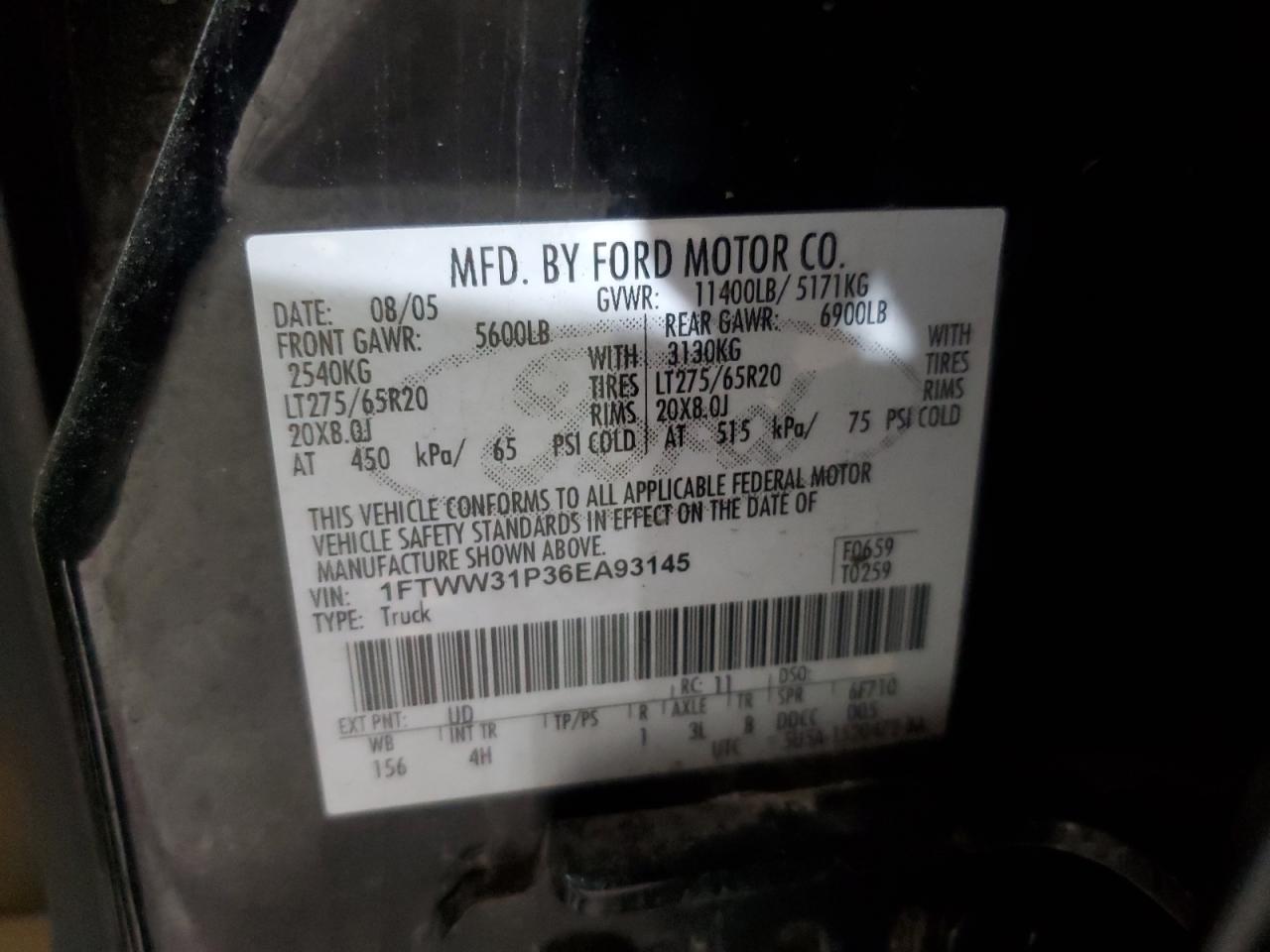 2006 Ford F350 Srw Super Duty VIN: 1FTWW31P36EA93145 Lot: 64487105