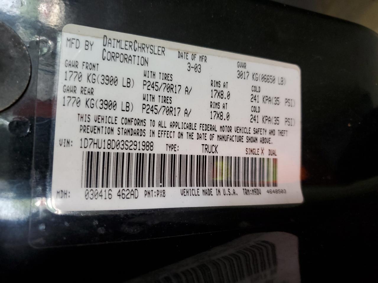 2003 Dodge Ram 1500 St VIN: 1D7HU18D03S291988 Lot: 64966855