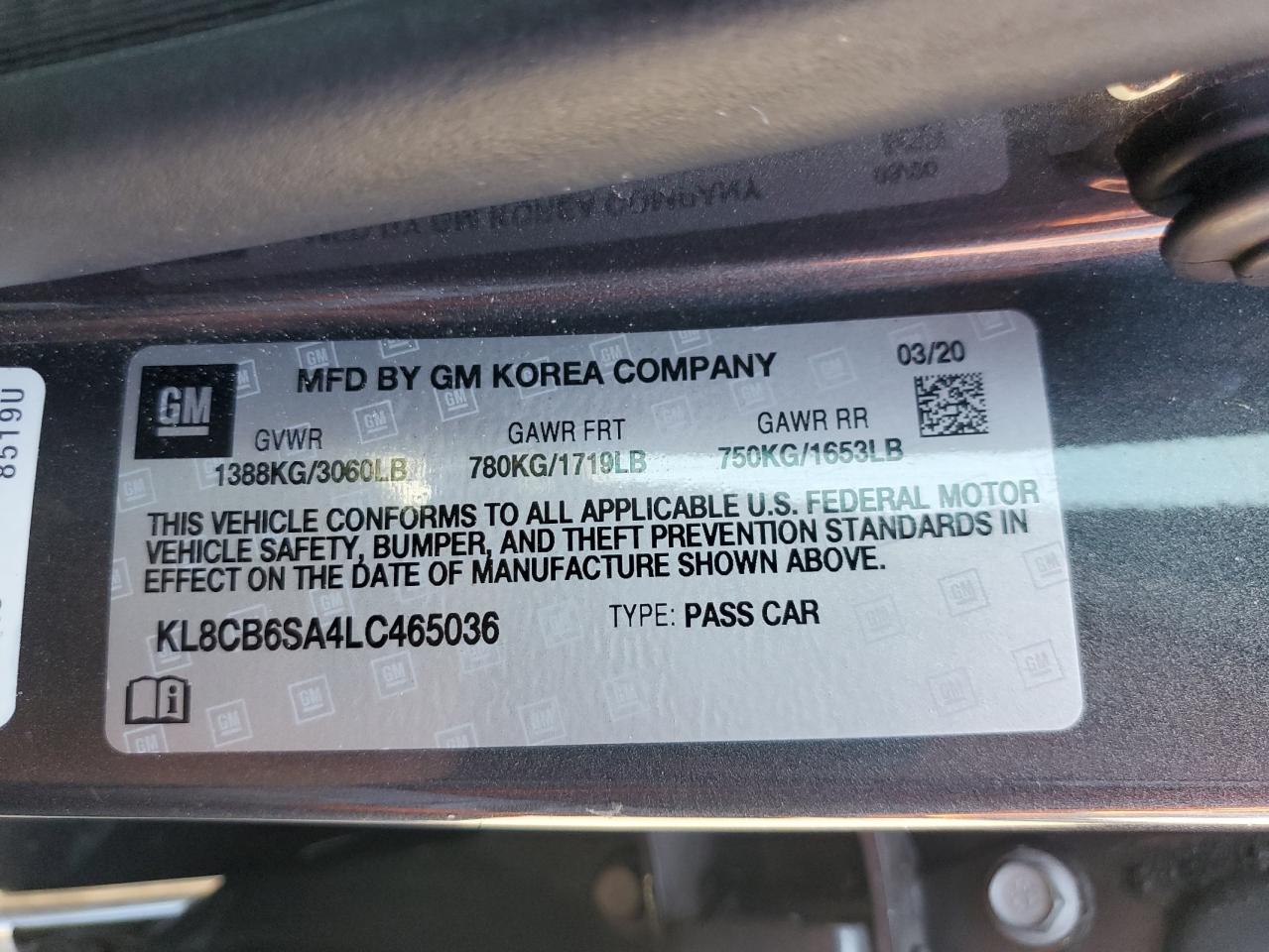 2020 Chevrolet Spark Ls VIN: KL8CB6SA4LC465036 Lot: 66939255