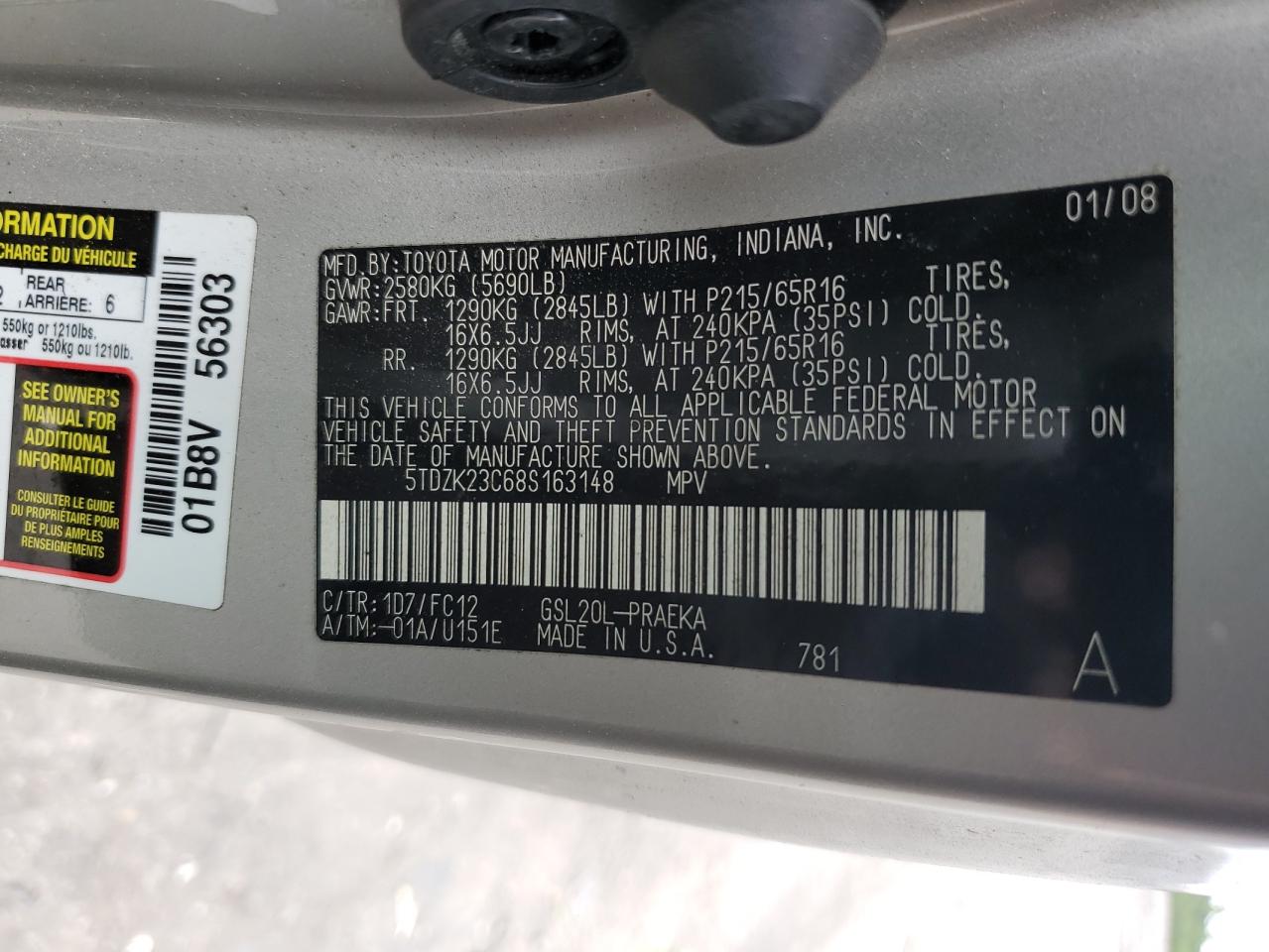 2008 Toyota Sienna Ce VIN: 5TDZK23C68S163148 Lot: 65340415