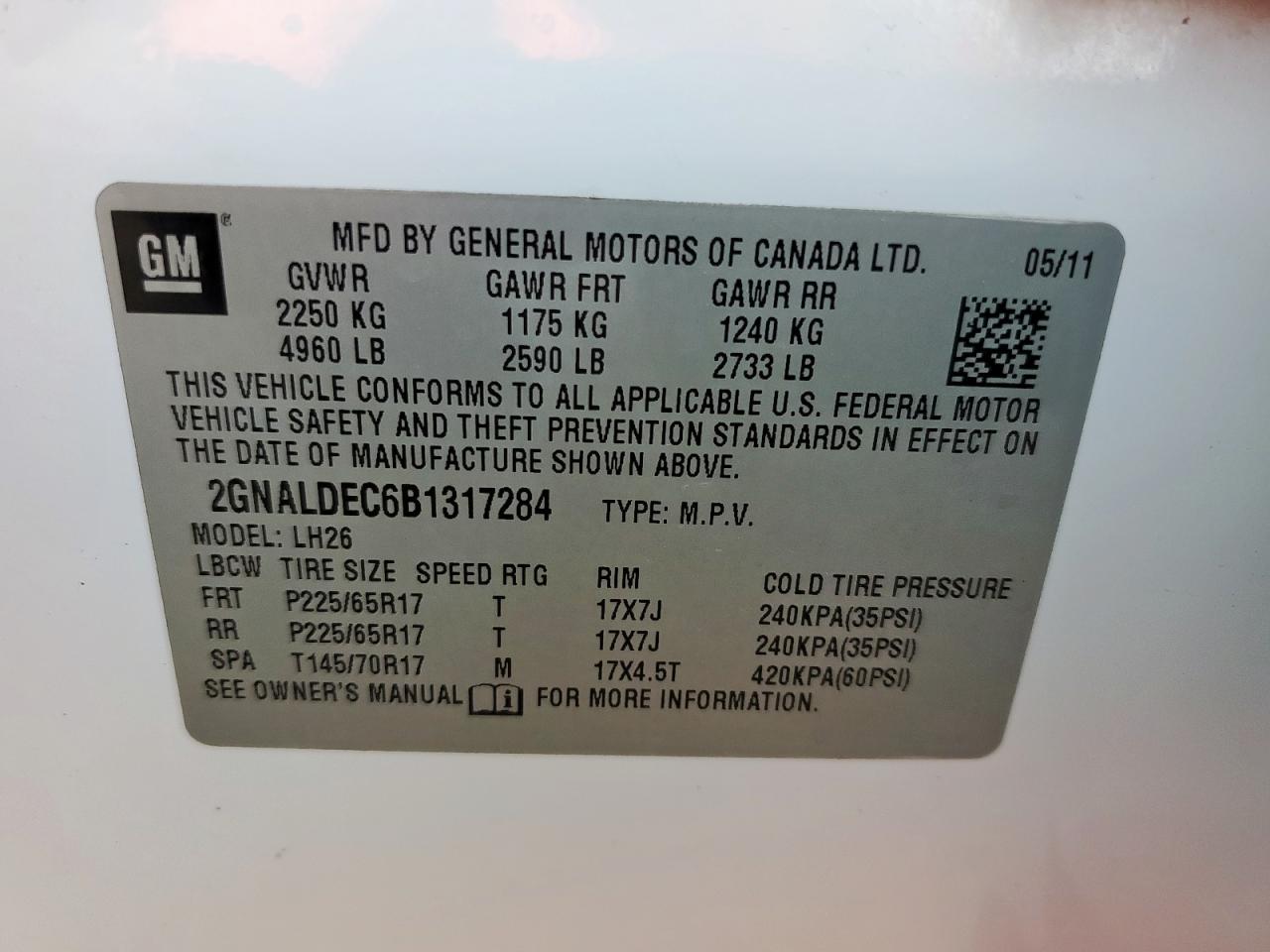 2011 Chevrolet Equinox Lt VIN: 2GNALDEC6B1317284 Lot: 65094855