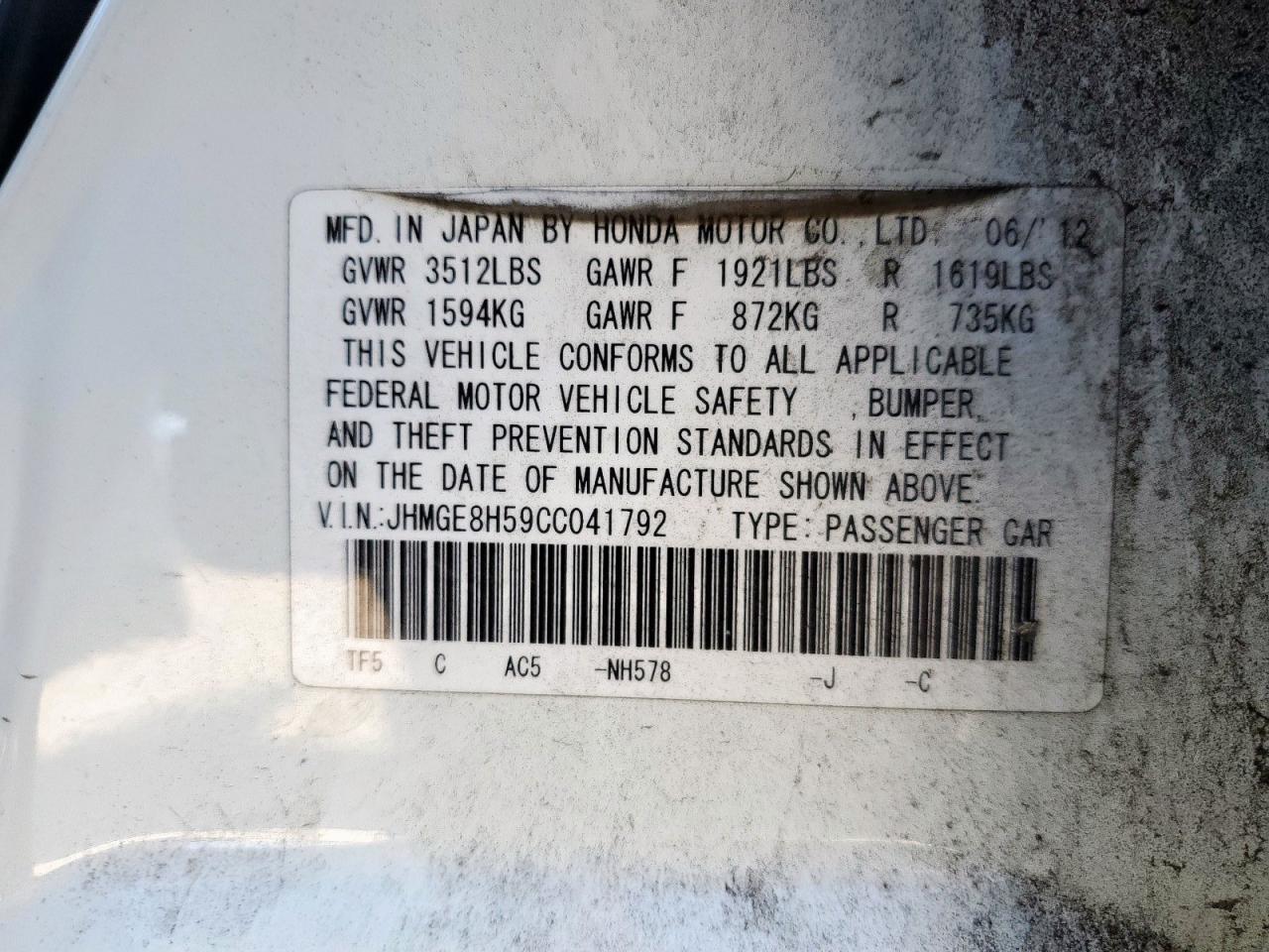 2012 Honda Fit Sport VIN: JHMGE8H59CC041792 Lot: 66226565