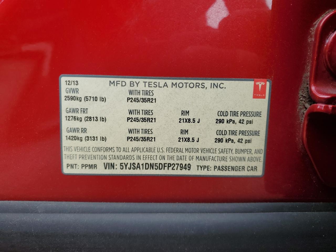 2013 Tesla Model S VIN: 5YJSA1DN5DFP27949 Lot: 63645235