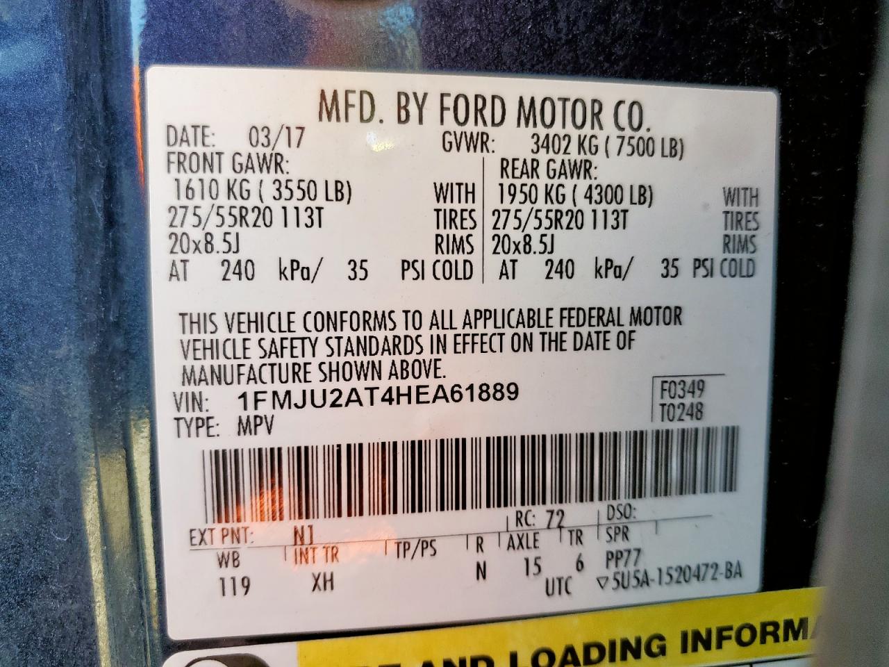 2017 Ford Expedition Limited VIN: 1FMJU2AT4HEA61889 Lot: 66372745