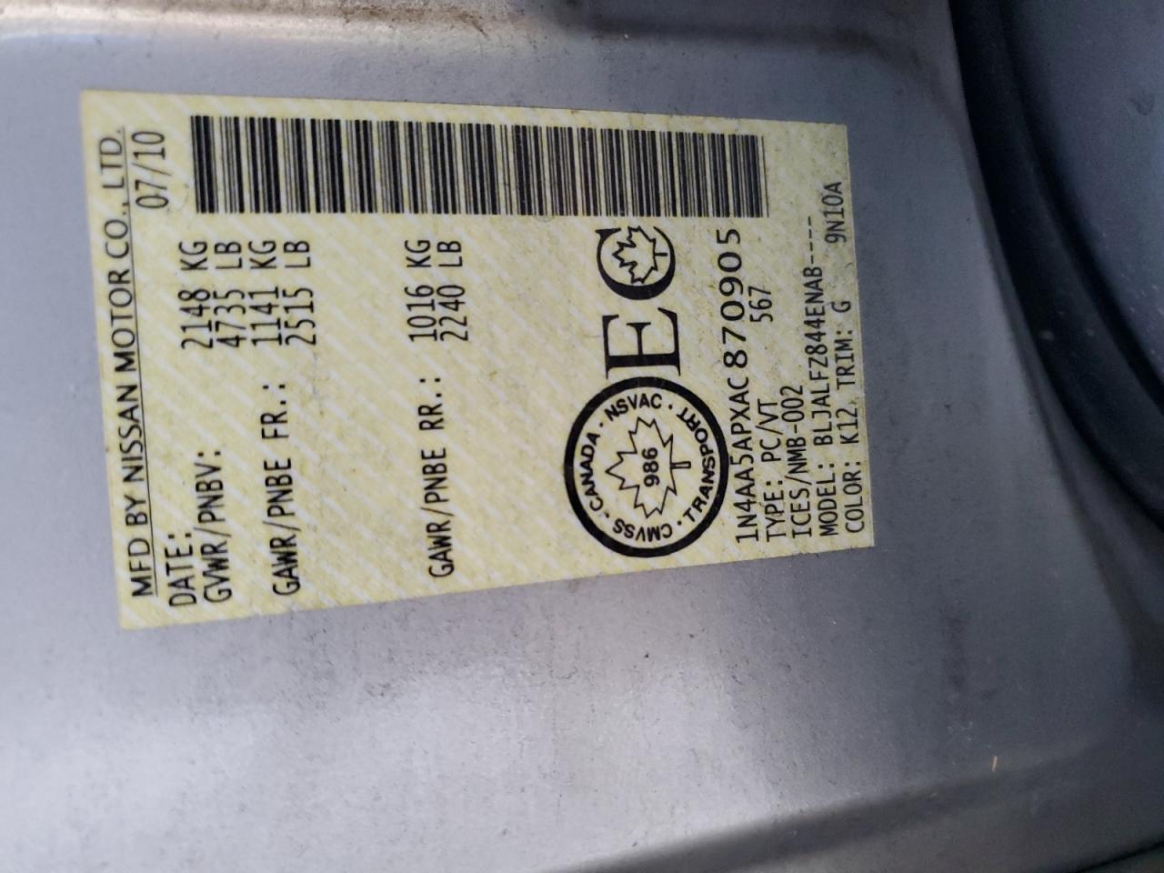 2010 Nissan Maxima S VIN: 1N4AA5APXAC870905 Lot: 70770295