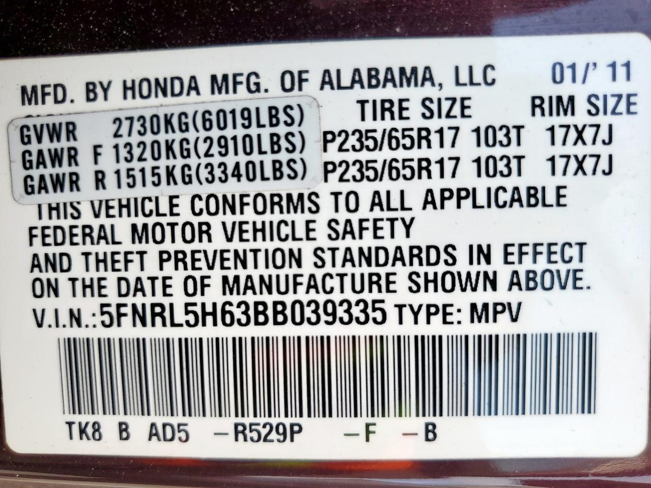 2011 Honda Odyssey Exl VIN: 5FNRL5H63BB039335 Lot: 65407825