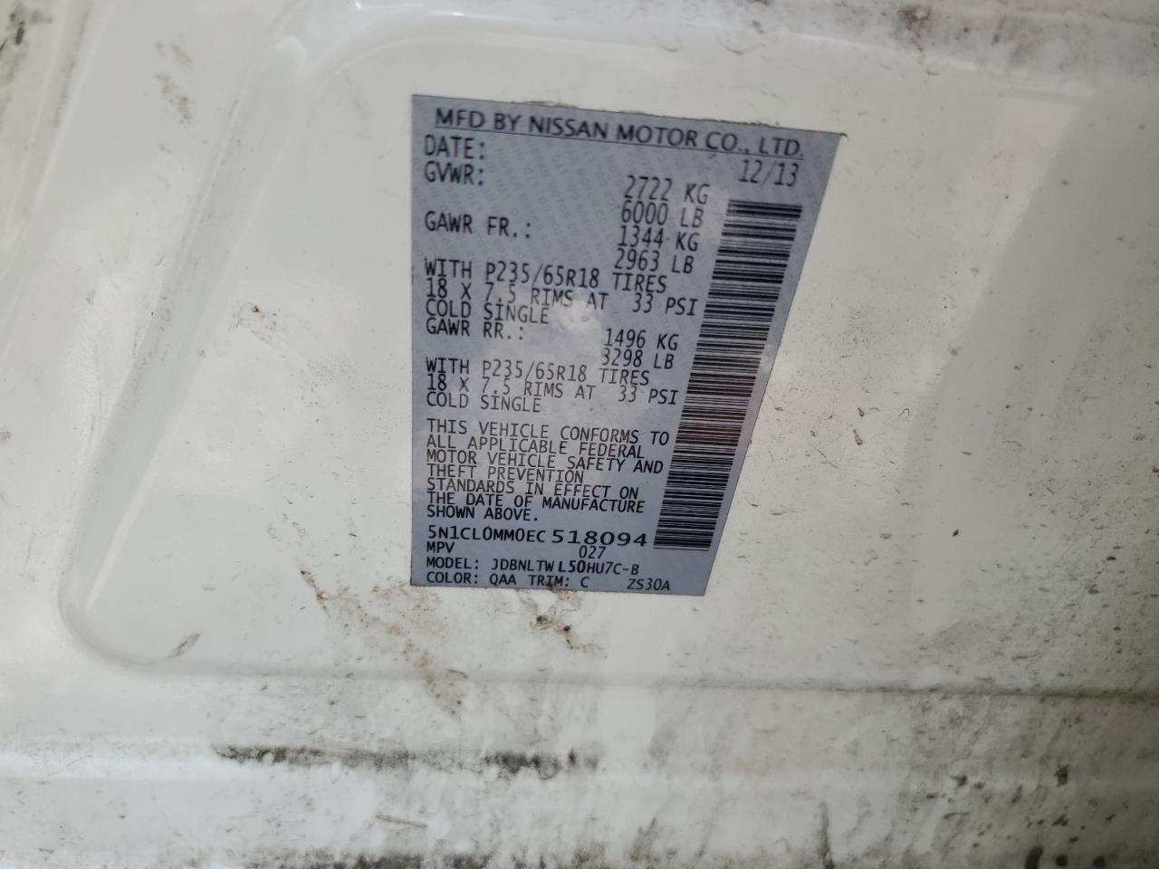 2014 Infiniti Qx60 Hybrid VIN: 5N1CL0MM0EC518094 Lot: 62157165