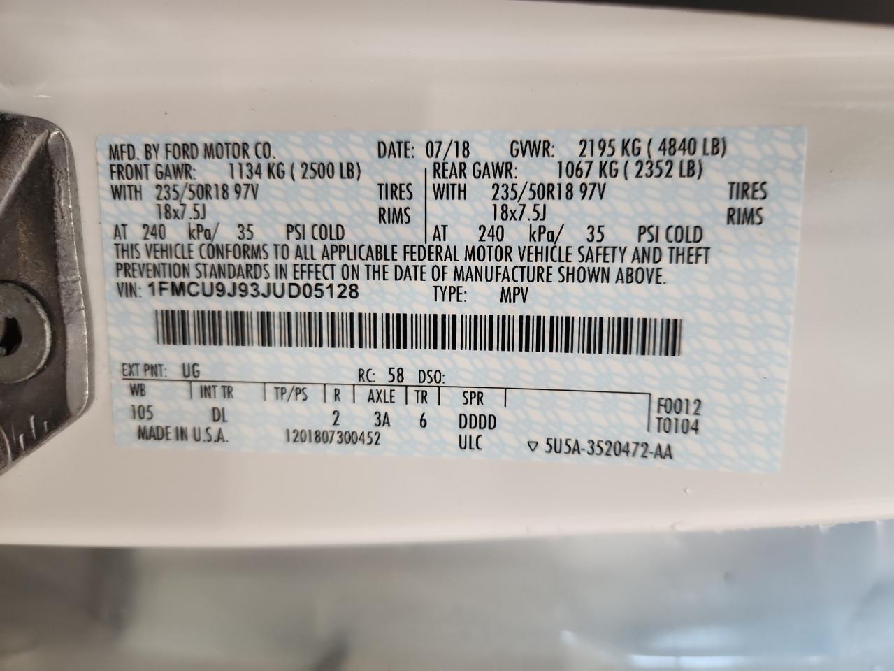 2018 Ford Escape Titanium VIN: 1FMCU9J93JUD05128 Lot: 64613405