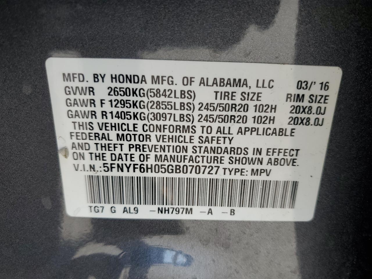 2016 Honda Pilot Elite VIN: 5FNYF6H05GB070727 Lot: 63447015