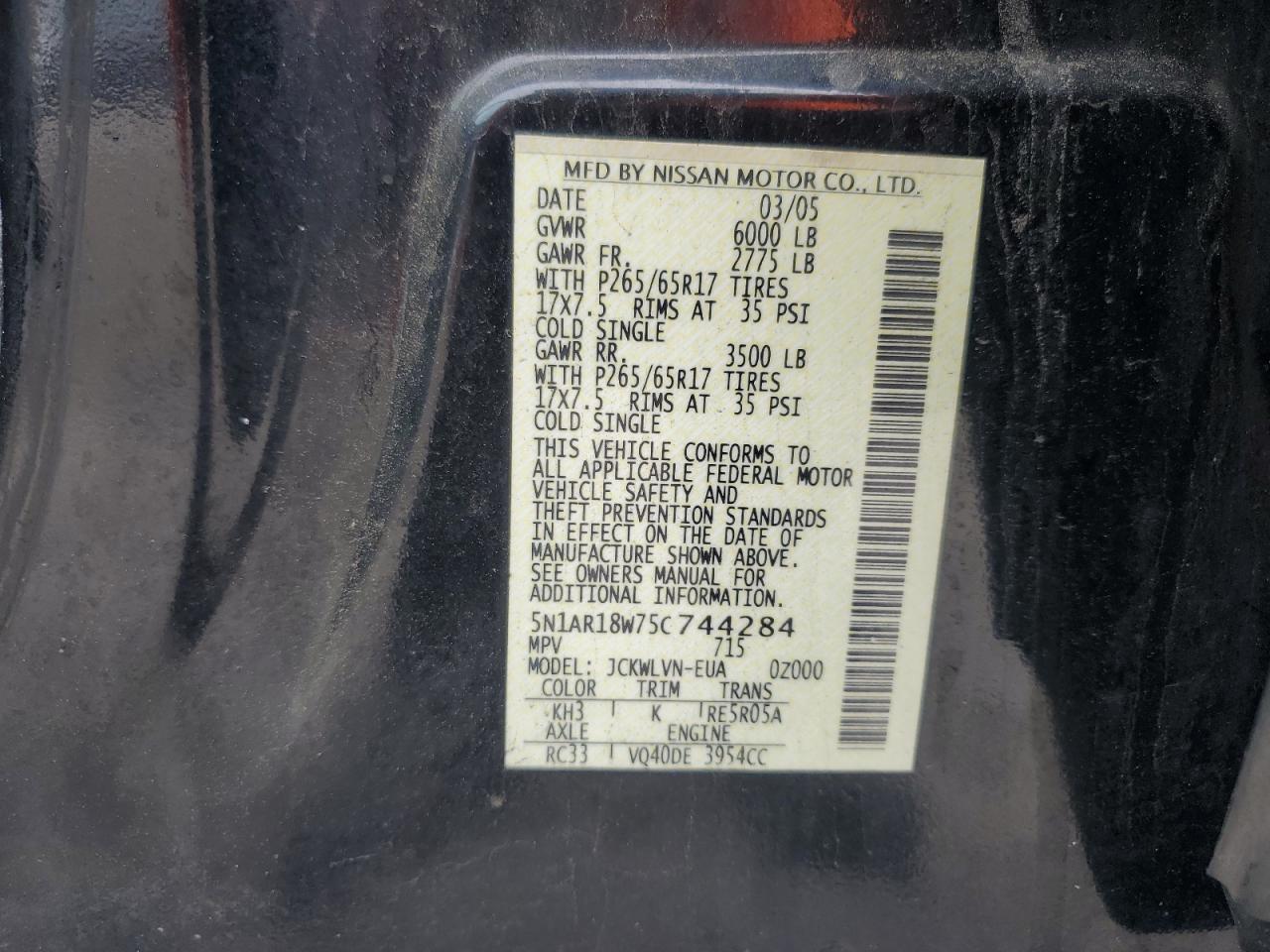 2005 Nissan Pathfinder Le VIN: 5N1AR18W75C744284 Lot: 63207425