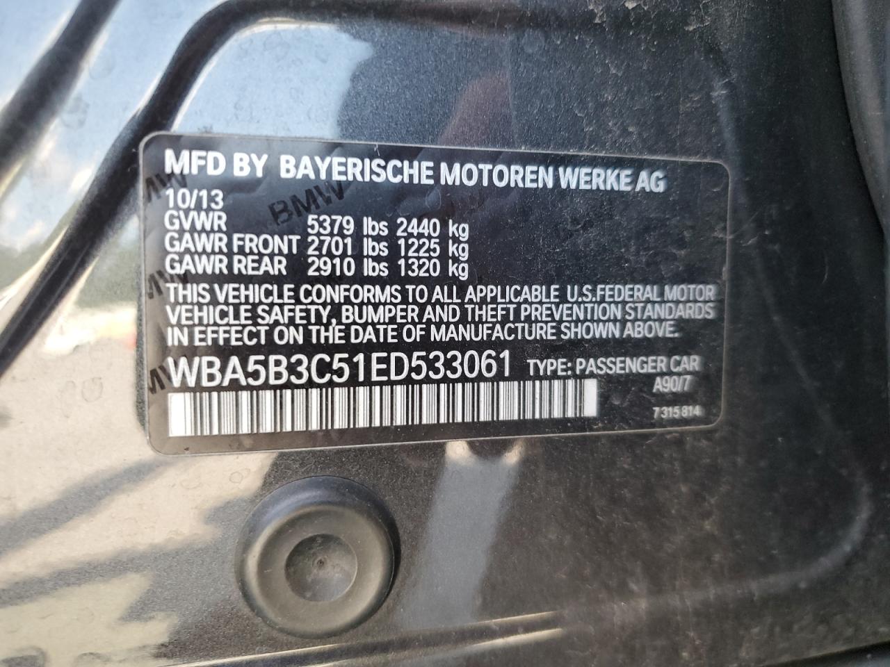 2014 BMW 535 Xi VIN: WBA5B3C51ED533061 Lot: 64923615