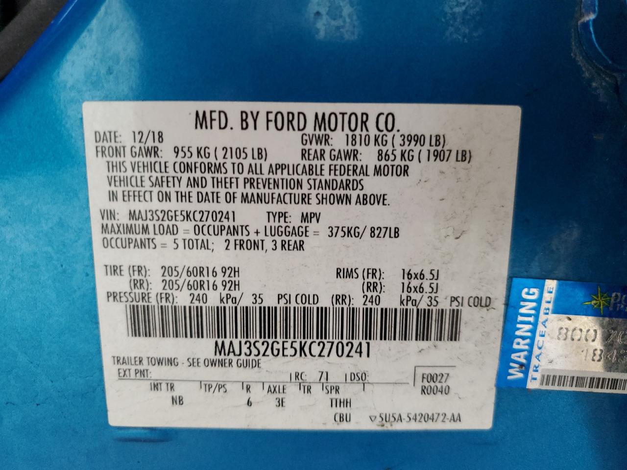 2019 Ford Ecosport Se VIN: MAJ3S2GE5KC270241 Lot: 62849065