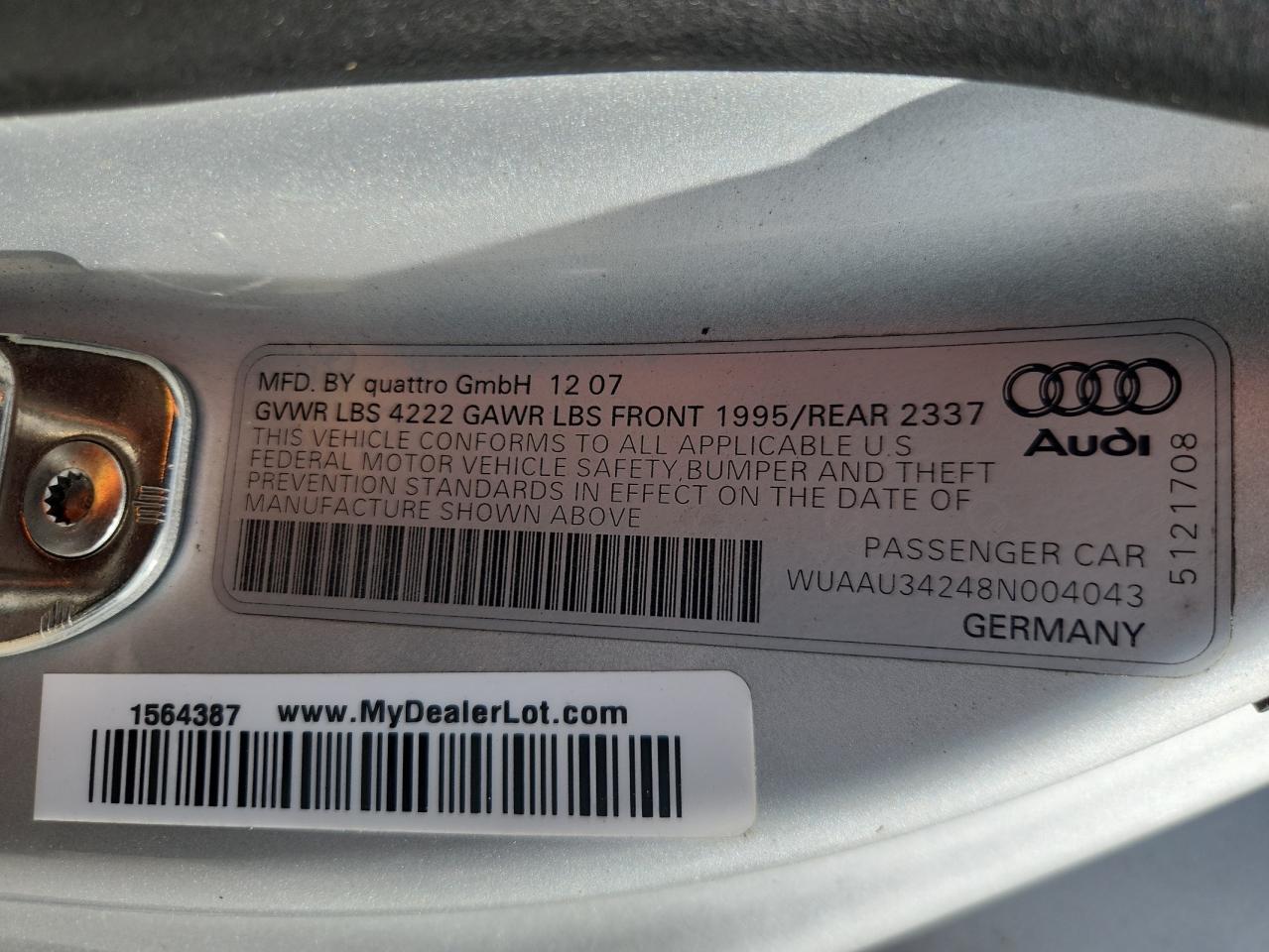 wuaau34248n004043 WUAAU34248N004043 2008 Audi R8 4.2 Quattro