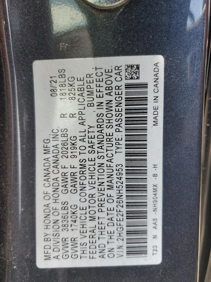 2022 Honda Civic Lx VIN: 2HGFE2F26NH524953 Lot: 65840615
