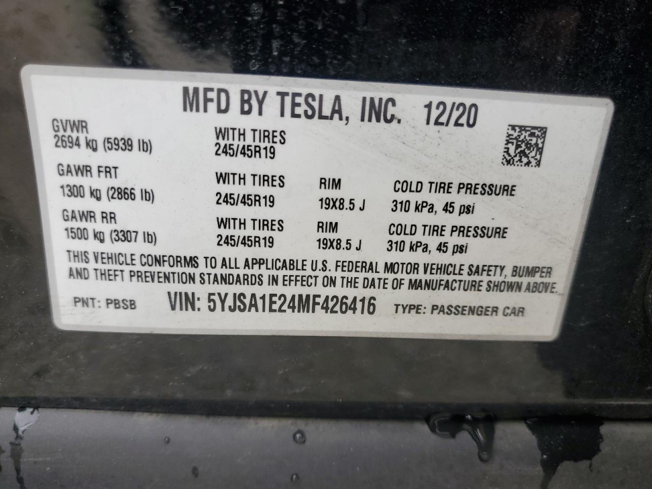 2021 Tesla Model S VIN: 5YJSA1E24MF426416 Lot: 63577505