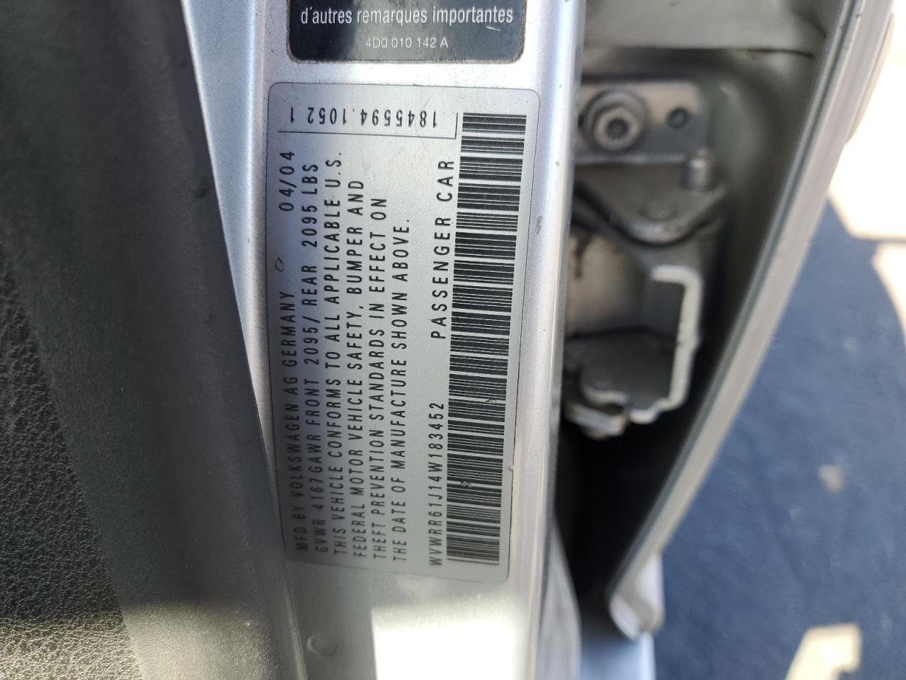 2004 Volkswagen Jetta Gl Tdi VIN: WVWRR61J14W183452 Lot: 65700095