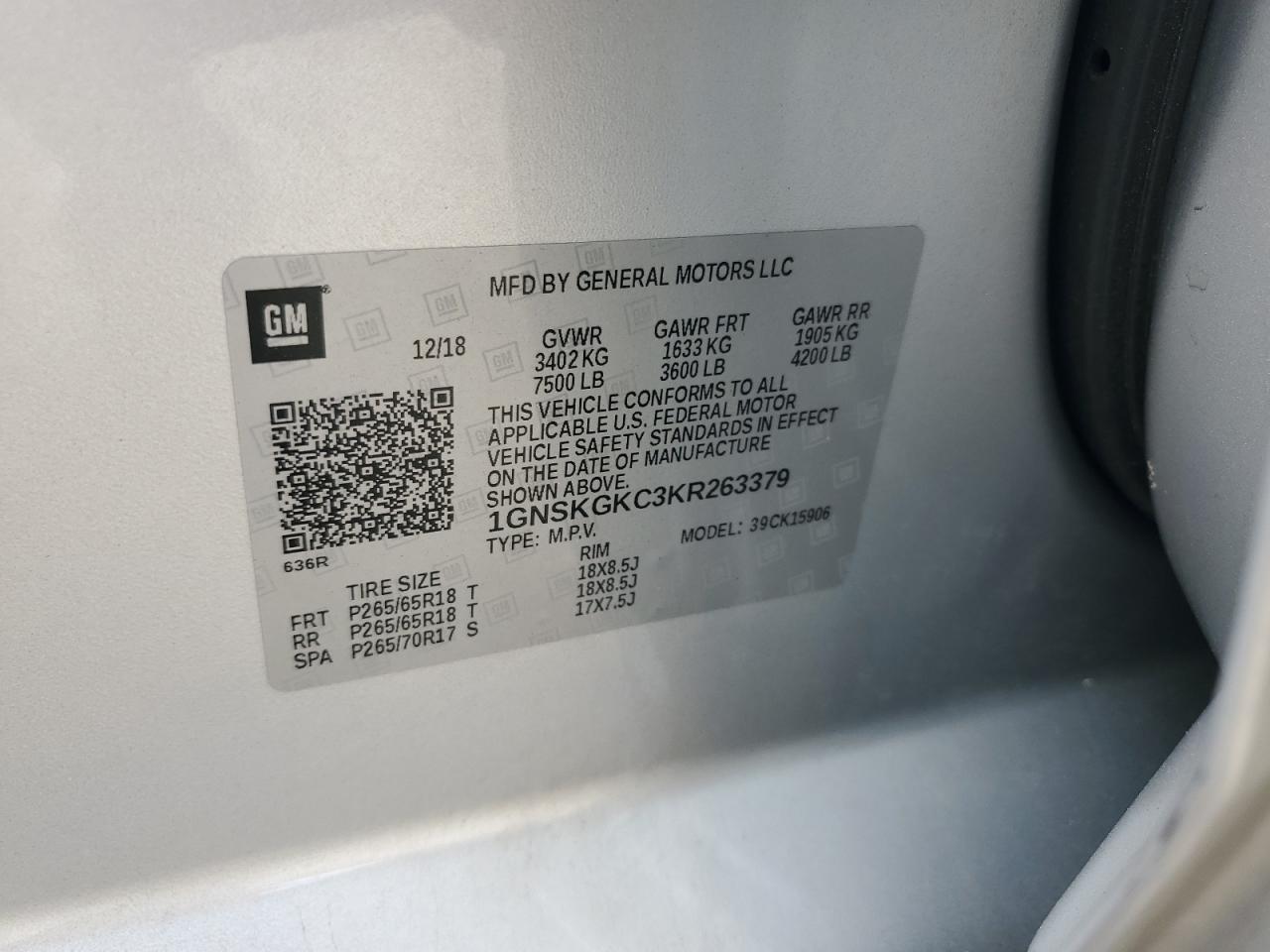 2019 Chevrolet Suburban K1500 Ls VIN: 1GNSKGKC3KR263379 Lot: 62653175