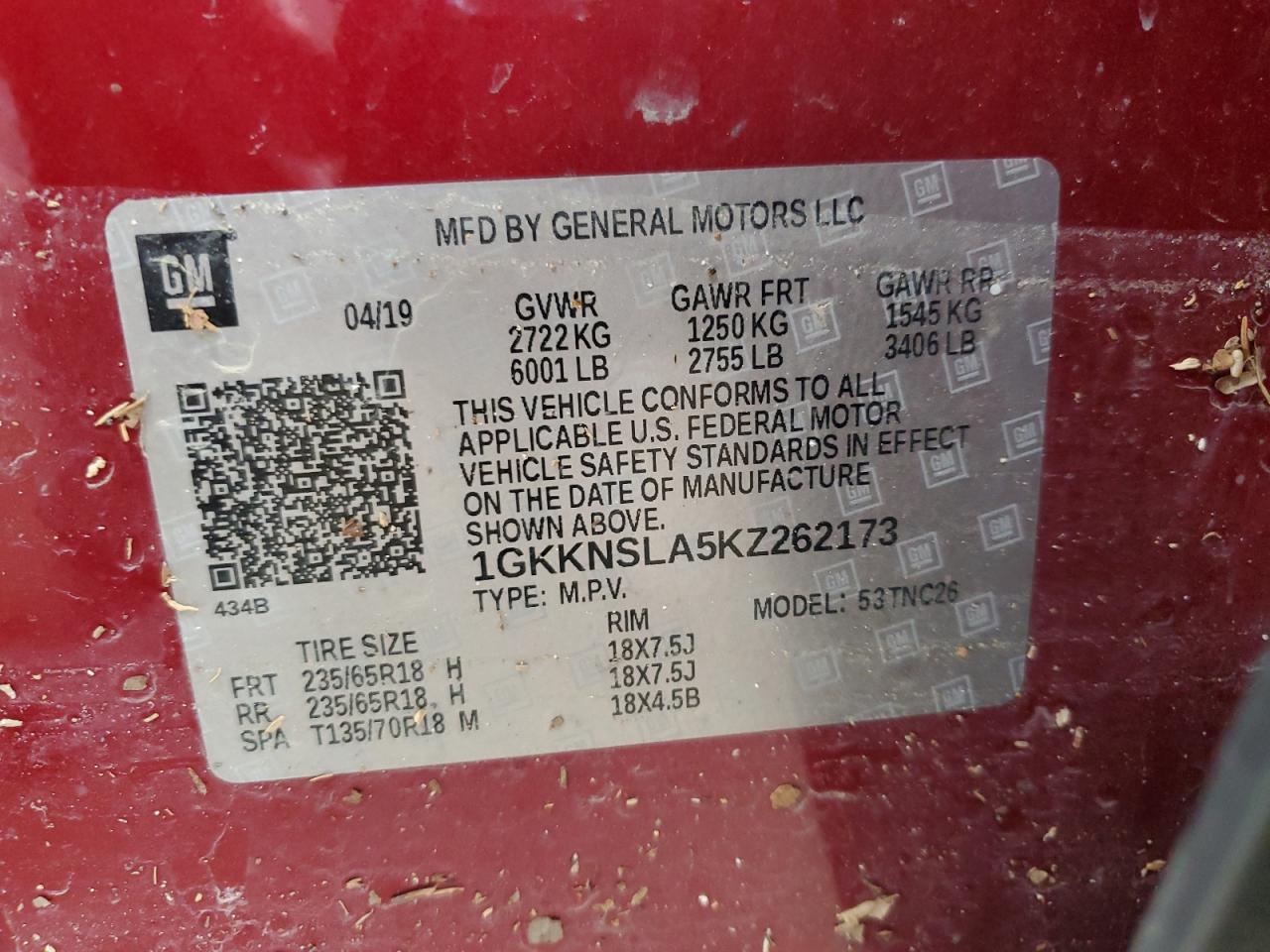 2019 GMC Acadia Sle VIN: 1GKKNSLA5KZ262173 Lot: 65130065