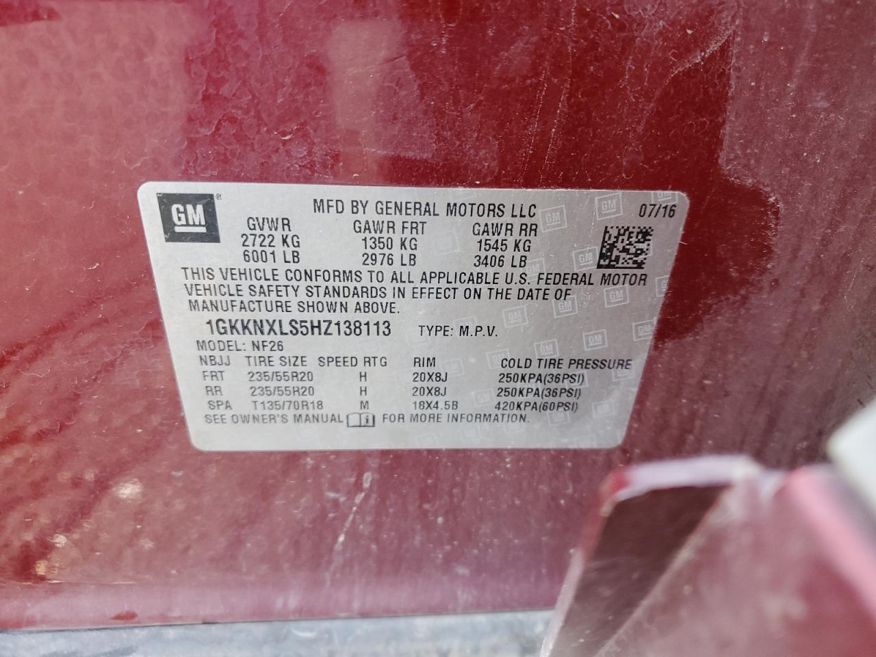2017 GMC Acadia Denali VIN: 1GKKNXLS5HZ138113 Lot: 66622015