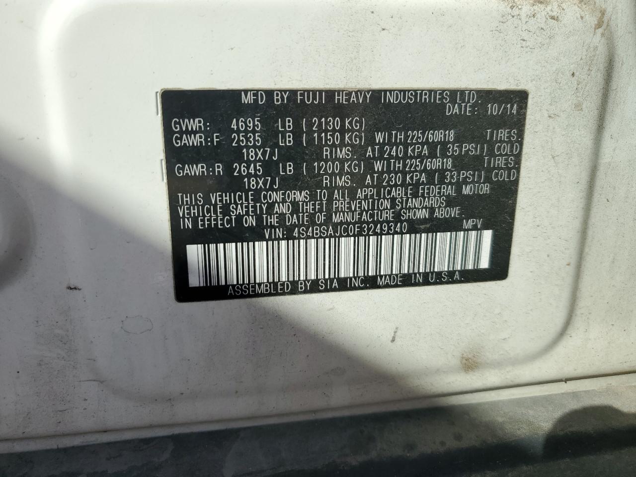 2015 Subaru Outback 2.5I Limited VIN: 4S4BSAJC0F3249340 Lot: 63118585
