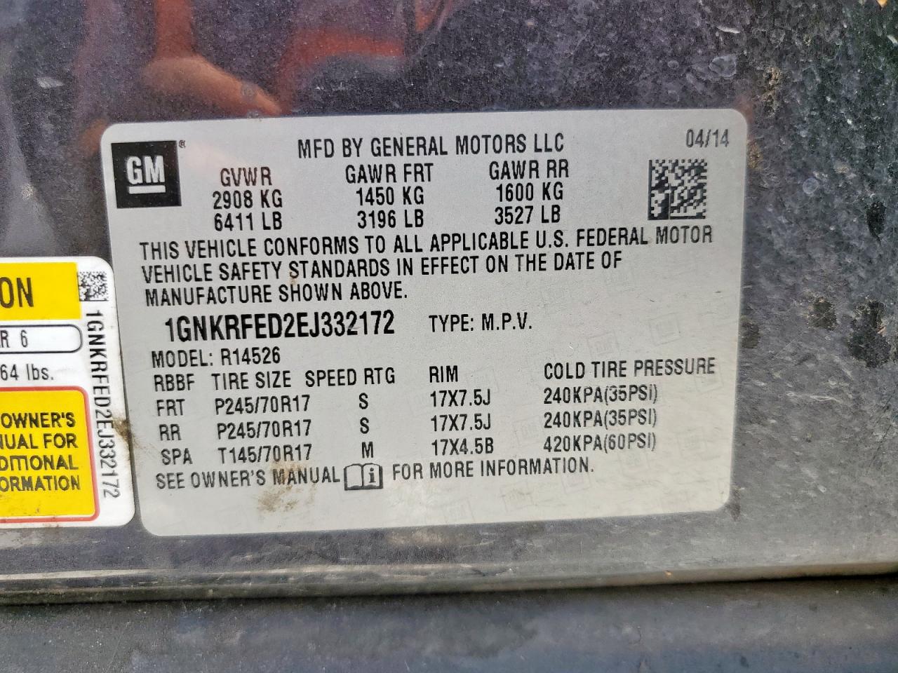 2014 Chevrolet Traverse Ls VIN: 1GNKRFED2EJ332172 Lot: 64901625