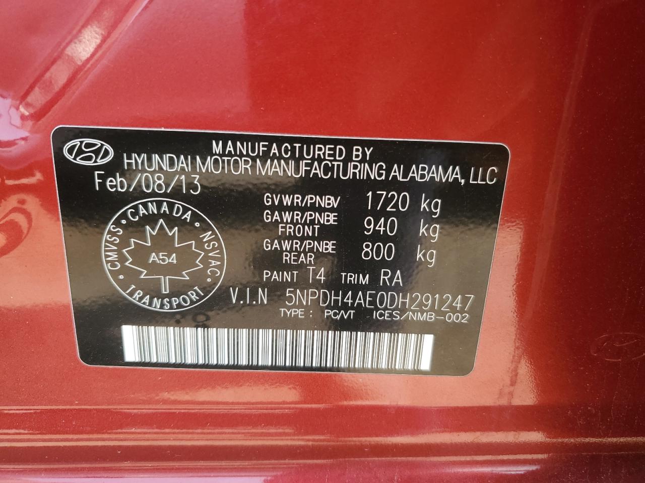 2013 Hyundai Elantra Gls VIN: 5NPDH4AE0DH291247 Lot: 64359625