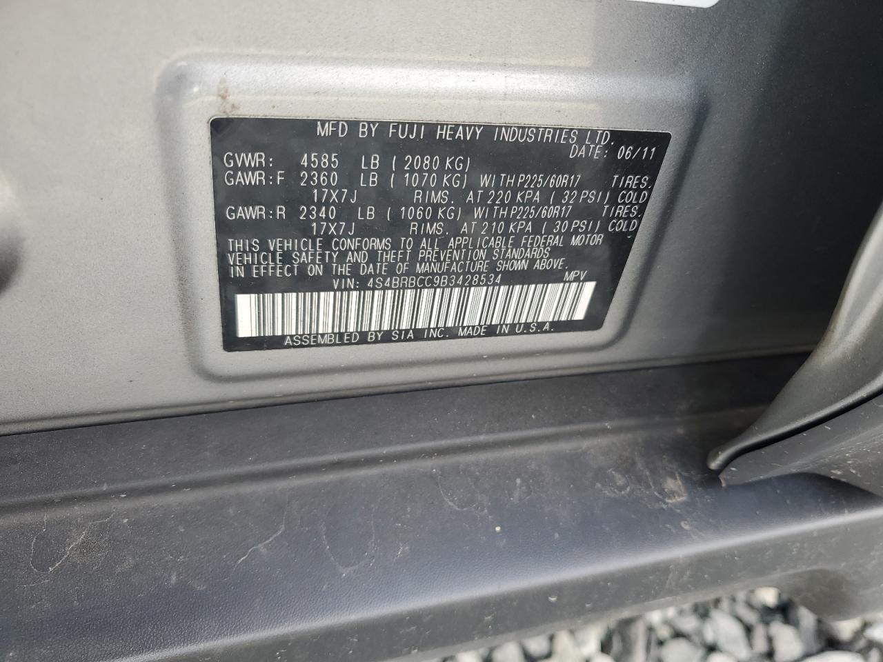 2011 Subaru Outback 2.5I Premium VIN: 4S4BRBCC9B3428534 Lot: 64359005